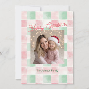 Roze Groen Retro Patroon Foto Kerst Kaart