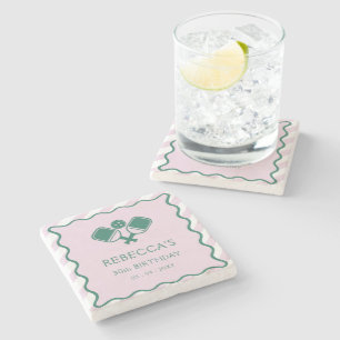 Roze Groen Retro Pickleball 30e verjaardag Stenen Onderzetter