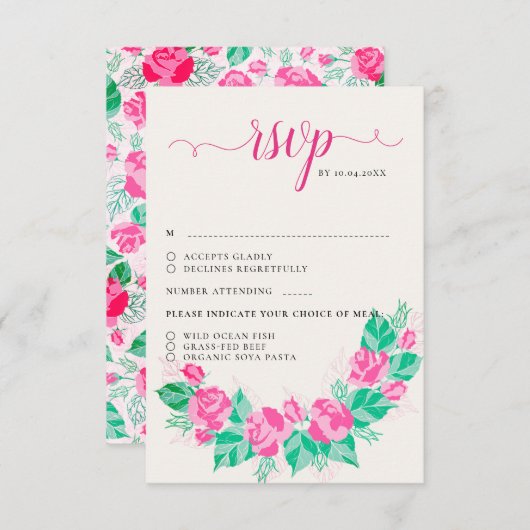 Roze Groen Roos bloemblaadjes bloementuin bruiloft RSVP Kaartje