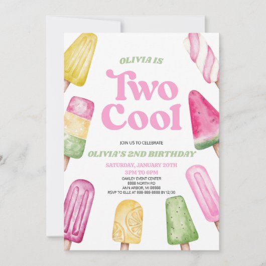 Roze Groen Twee Koele Popsicle 2e Verjaardagsfeest Kaart (Voorkant)