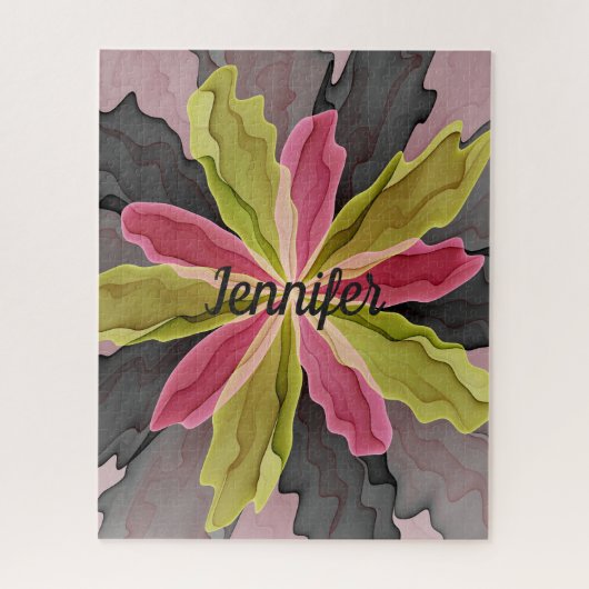 Roze groene antracite Fantasy Flower Name Legpuzzel (Verticaal)