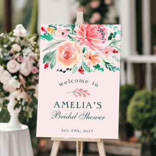 Roze Groene Aquarel Bloem Bruiloft Feest Verwelkom Poster