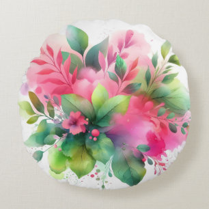 Roze groene aquarel botanische bloei rond kussen