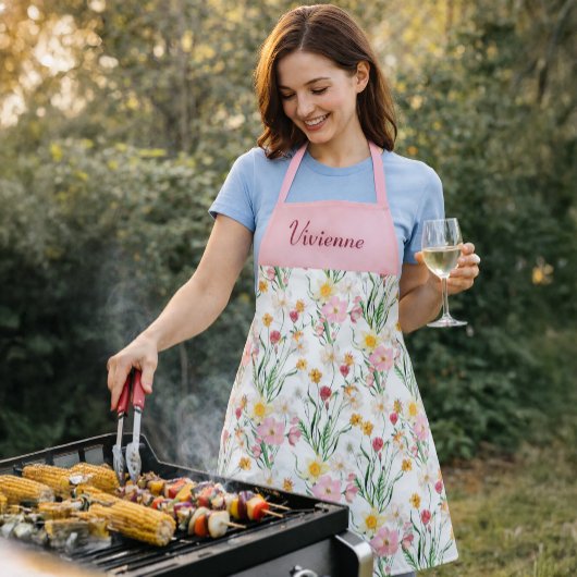 Roze Groene Aquarel Wilde Bloem Eigen Naam Schort
