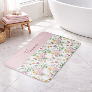Roze Groene Aquarel Wilde Bloem Monogram Badmat