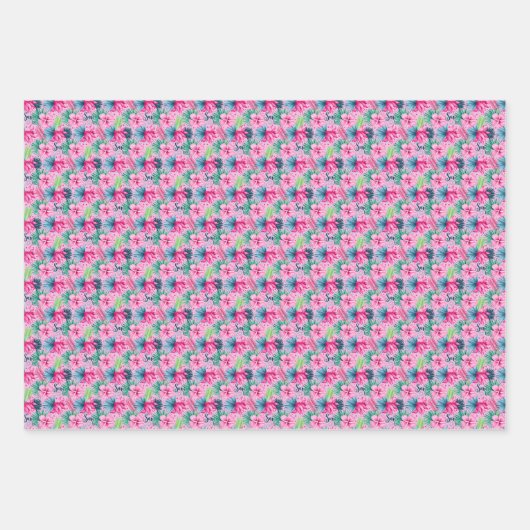 Roze Groene Blauwe Bloemen Verjaardag Bruidsfeest Inpakpapier Vel (Voorkant)