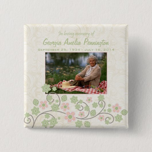 Roze groene bloem in memoriam foto pinback button (Voorkant)