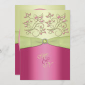 Roze, Groene Bloemen Monogram Bruiloft Uitnodiging (Voorkant / Achterkant)
