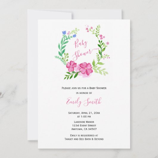 Roze Groene Bloemen Waterverf | virtueel Baby show Kaart (Voorkant)