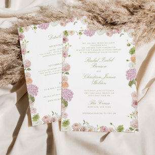 Roze Groene Bloemige All-in-one Trouwfeest Kaart