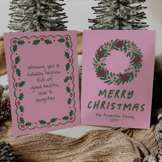 Roze Groene Bogen Krans Kerst Niet-Foto Feestdagenkaart