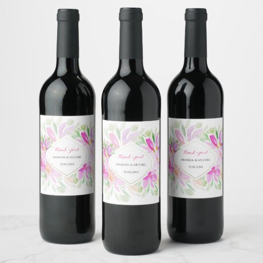 Roze Groene Boheemse Bloemen Wijn Etiket (Flessen)