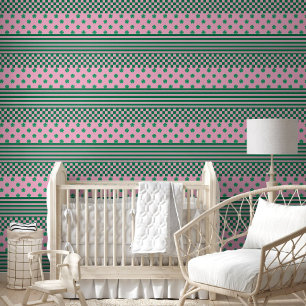 Roze Groene Boho Controleer Bloemen Strepen Patroo Behang