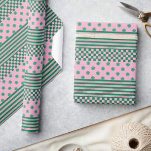 Roze Groene Boho Controleer Bloemen Strepen Patroo Cadeaupapier