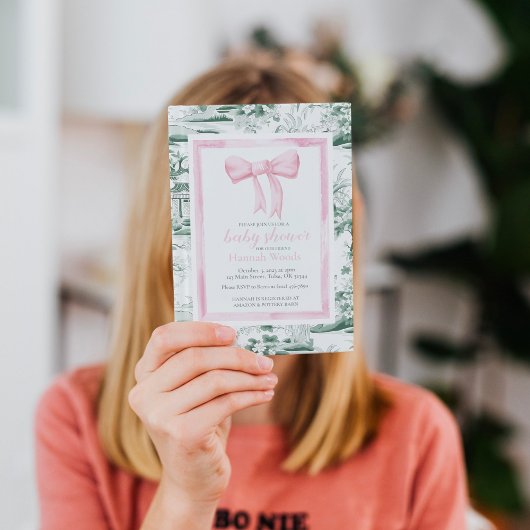 Roze & Groene Boog Chinoiserie Monogram Baby showe Kaart