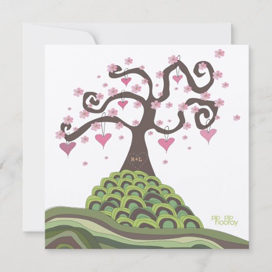 Roze groene bruiloft Monogram Blossom Tree Invite Kaart (Voorkant)