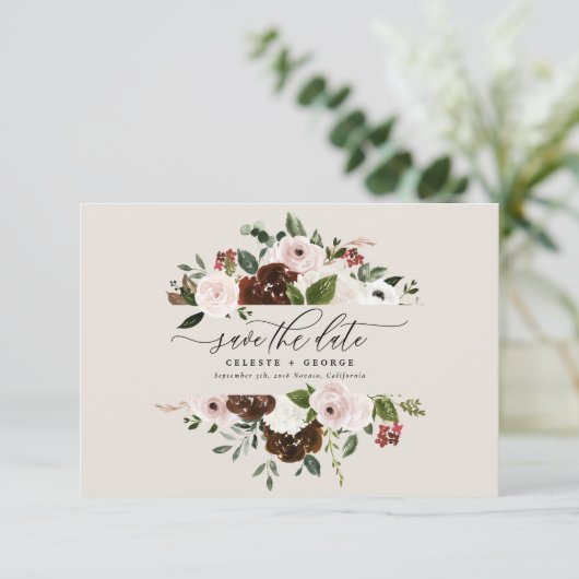 Roze, groene bruine bruine bruine bruinkoolbruilof save the date (Staand voorkant)