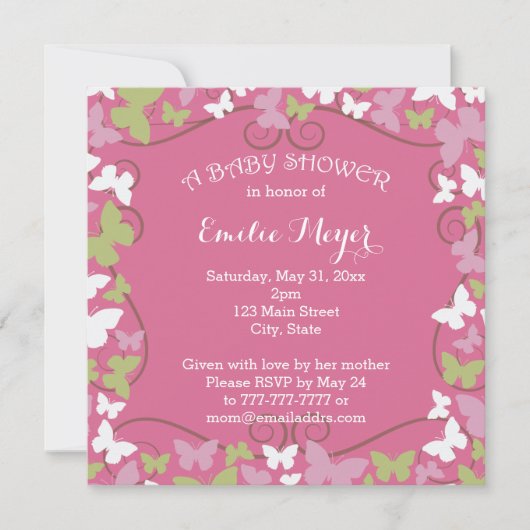 Roze groene Butterflies Baby shower Uitnodiging (Voorkant)