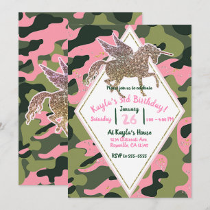Roze Groene Camo Camouflage & Gouden Eenhoorn Fees Kaart