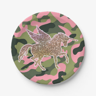 Roze groene Camouflage & Gold Glitter Unicorn Papieren Bordje