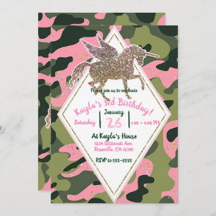 Roze Groene Camouflage & Gold Unicorn Party Kaart