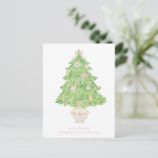 Roze & Groene Coquette Bow Preppy Kerstmis Briefkaart (Staand voorkant)