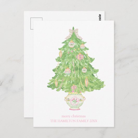 Roze & Groene Coquette Bow Preppy Kerstmis Briefkaart (Voorkant / Achterkant)