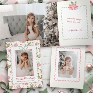 Roze/groene Coquette Strik Foto Schaalrand Kerstmi Drieluik Kaart