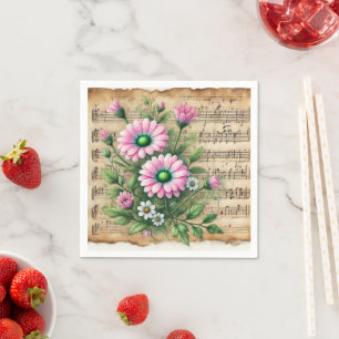 Roze & Groene Daisies  Bladmuziek Découpage Servet