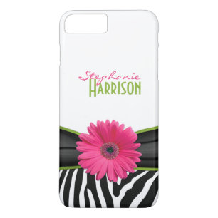 Roze groene Daisy Zebra Print gepersonaliseerd iPhone 8 Plus / 7 Plus Hoesje