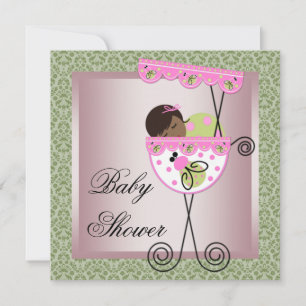Roze Groene Damast Baby Meisje Shower Uitnodiginge Kaart