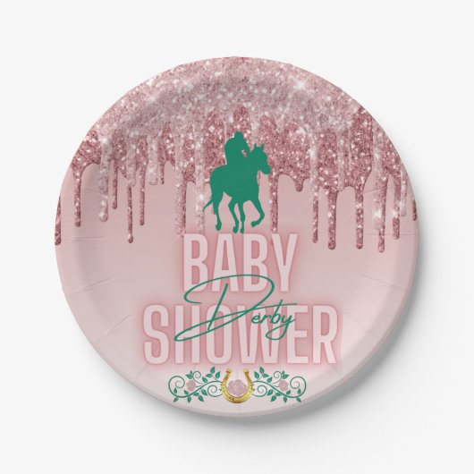 Roze|Groene elegant glitter Drip Derby Baby shower Papieren Bordje (Voorkant)