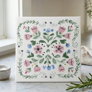 Roze, groene en blauwe folk art bloemendecoratie tegeltje