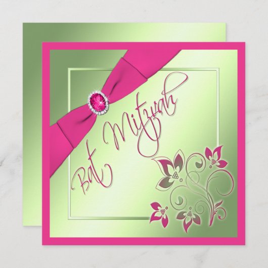 Roze, groene en gele BBT Mitzvah Uitnodiging (Voorkant / Achterkant)