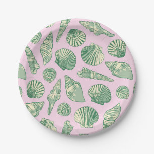 Roze, groene en gele kustschelpen papieren bordje