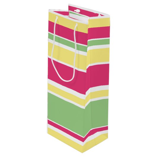 Roze, groene en gele strepen wijn cadeautas (Voorkant Gekanteld)