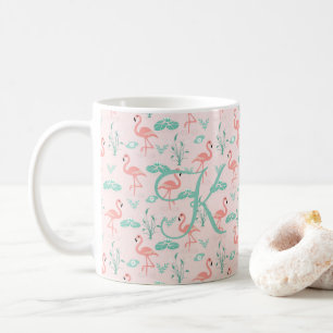 Roze Groene Flamingo Monogram Tropische Vogels Koffiemok