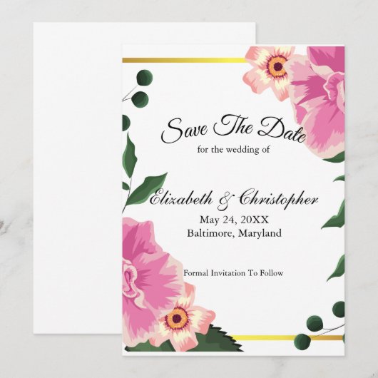 Roze groene Floral Gold Border Wedding Save The Date (Voorkant / Achterkant)