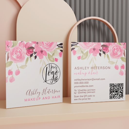 Roze groene florale qr code logo haring make-up vierkante visitekaartje