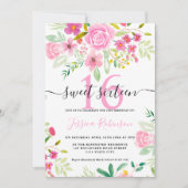 Roze groene florale waterverf Sweet 16 Kaart (Voorkant)