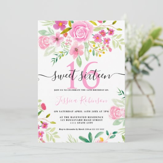 Roze groene florale waterverf Sweet 16 Kaart (Staand voorkant)