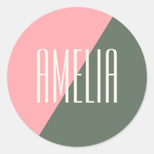 Roze Groene Geometrische Kleurblok Aangepaste Naam Ronde Sticker