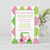 Roze & Groene Golf Persoonlijke Feest Uitnodiginge Kaart (Staand voorkant)