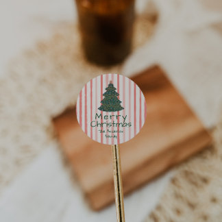 Roze Groene Hand Getrokken Kerstboom Ronde Sticker