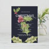 Roze groene hulstbessen kerstdiner kaart (Staand voorkant)