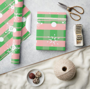 Roze Groene Kerst Plaid Lieflijke Sneeuwvlokken Cadeaupapier