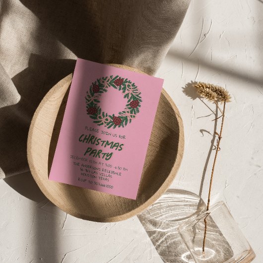 Roze Groene Kerstbogen Krans Party Kaart