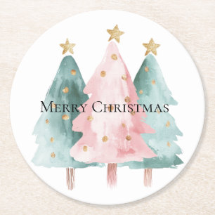 Roze Groene Kerstbomen Gouden Sterren Ronde Kartonnen Onderzetter