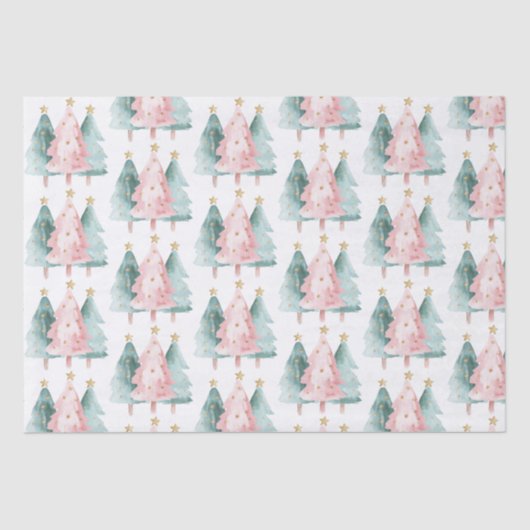 Roze Groene Kerstbomen Gouden Sterren Tissuepapier (Voorkant)