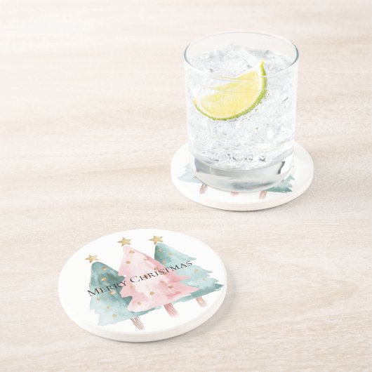 Roze Groene Kerstbomen Gouden Sterren Zandsteen Onderzetter (Zijkant)